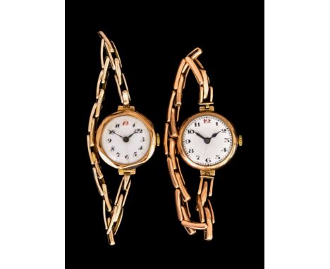 Two&nbsp;Lady's&nbsp;9ct Gold Manual Wind Wristwatches, both with white dials and black Arabic baton numerals, both with 9ct 