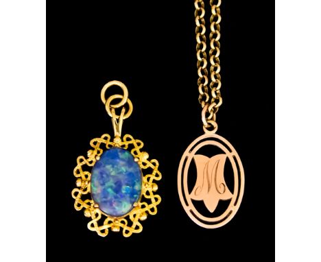 A 9ct Gold Pendant and Chain, pendant inscribed with the letter "M", suspended from belcher chain, 440mm in length, and an op