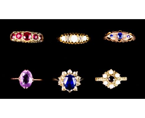 Six Gem Set Rings, comprising - four 9ct gold, sizes L,L,M and N, gross weight 10.3g, a 15ct gold five stone garnet ring, siz