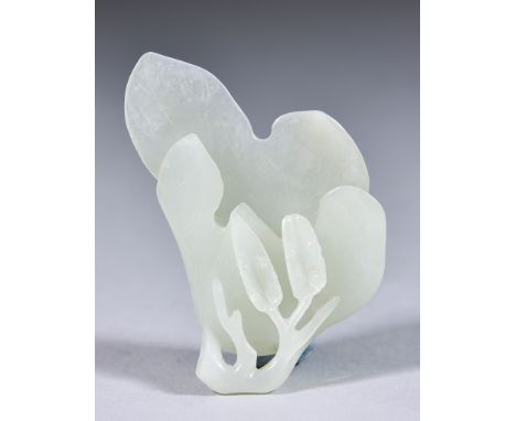 A Chinese White Jade Carving, 19th Century, carved with a cicada on a leaf, possibly a pendant, 2.75ins (7cm) Images within a