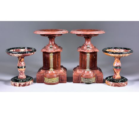 A Pair of French Polished Red Marble and Gilt Metal Tazza of Architectural Form from a Clock Garniture, Late 19th Century,&nb