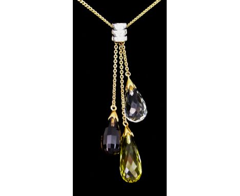 A 9ct Gold Multi Faceted Gem and Diamond Pendant,&nbsp;set with three multi faceted gem stones in tear drop design, with a cl