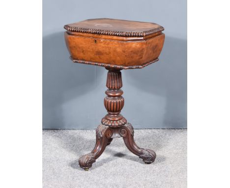 An Early Victorian Burr Walnut Octagonal Teapoy, the lifting top with beaded edge, enclosing a cloth-lined fitted interior, o