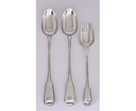 A Pair of William IV Silver Fiddle, Thread, and Shell Pattern Gravy Spoons and a Similar Serving Spoon/Fork, the pair of grav