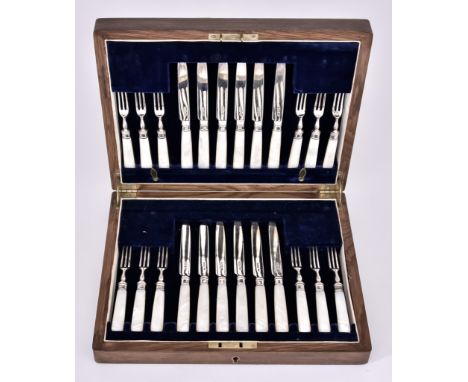 A Set of Twelve George V Silver and Mother-of-Pearl Handled Fruit Knives and Forks, by C.W. Fletcher &amp; Son Ltd Sheffield 