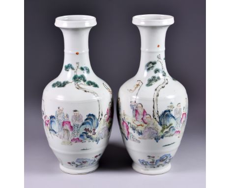 A Pair of Chinese Porcelain Vases, Mid-20th Century, enamelled in colours with figures and attandants gathered beneath pine t