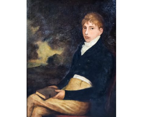 Early 19th Century British School - Oil painting - Three-quarter length portrait of young seated man holding book within land