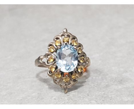 Silver topaz and citrine cluster ring size s 4.8g gross