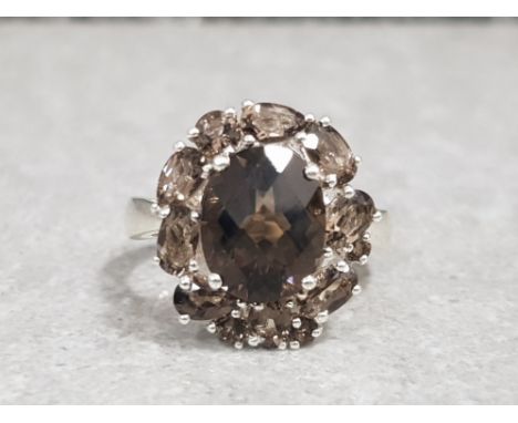 Silver and smokey quartz cluster ring size a 4.7g gross