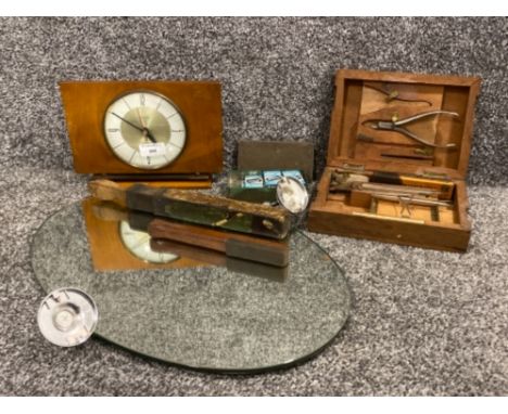 Swivel bathroom mirror together with 8 packs of safety razor blades, mantle clock, chiropody set &amp; 2 strops
