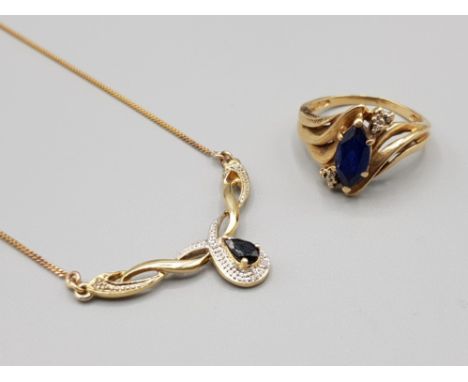 9ct gold sapphire and diamond jewellery set. Ring earrings and pendant on chain 8.5g