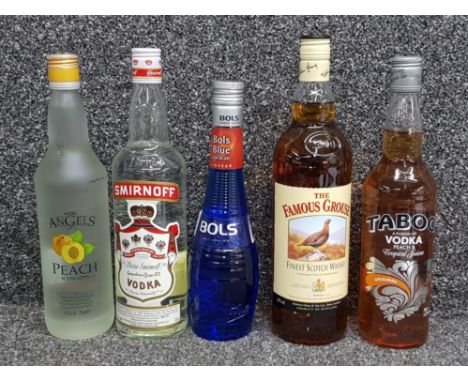 5 bottles of alcohol including The famous Grouse whisky, Smirnoff vodka, Angels peach schnapps, Taboo &amp; Bols liqueur ( a 