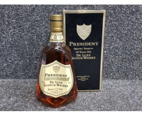 Bottle of President special reserve 12 years old de luxe scotch whisky, 75cl, still sealed with original box of issue