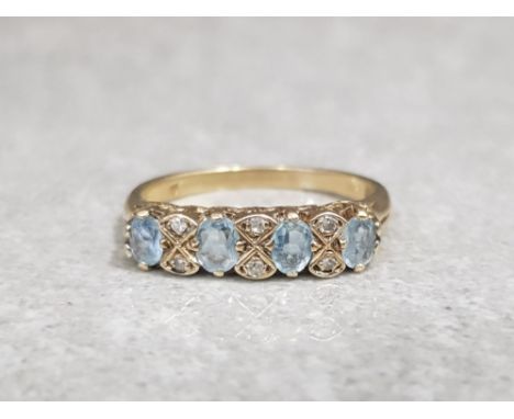 9ct yellow gold aquamarine and diamond ring size o 2.7g gross