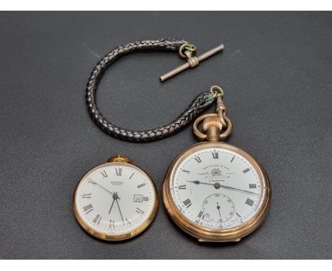 A Thos Russell &amp; Son gold plated stem wind open face pocket watch, 51mm, on leather strap; together with a Sekonda gold p