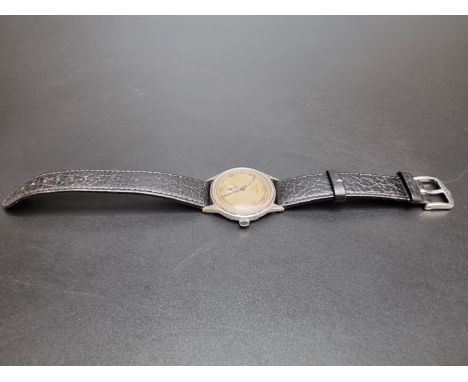 A vintage Hermes 'Sport' nickel plated and stainless steel manual wind wristwatch, 34mm, on later Hirsch black leather strap.