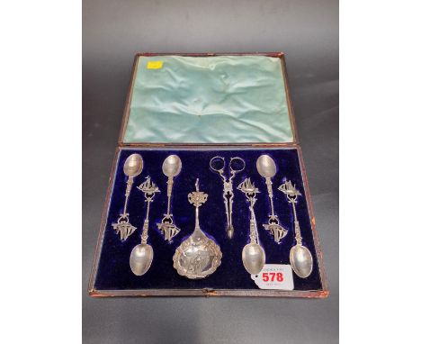 A case set of six Continental silver teaspoons, with sailing ship terminals, import mark London 1891; together with a Dutch w