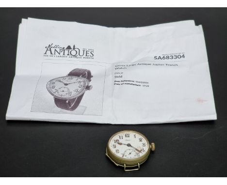 A WWI Jupiter nickel plated manual wind trench watch, 40mm, inscribed 'Cape Hellis LKC, May 1915', relating to the Gallipoli 