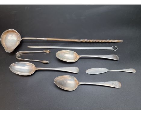 An antique white metal meat skewer, 27.5cm; together with a baleen handled toddy ladle and various silver cutlery, 169g weigh