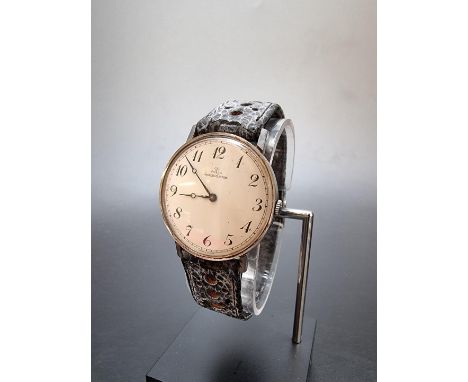 A vintage Jaeger Le Coultre stainless steel manual wind wristwatch,&nbsp;33mm, No.1236413, on replacement leather strap. 