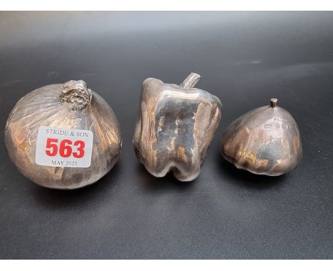 Three silver filled models of fruit and vegetables, comprising an onion and a pepper by&nbsp;John Bull Ltd, Birmingham 1994; 
