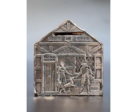 An Edwardian novelty silver mounted oak&nbsp; money box,&nbsp;by Levi &amp; Salaman, Birmingham 1905, 8cm high, (no key). 