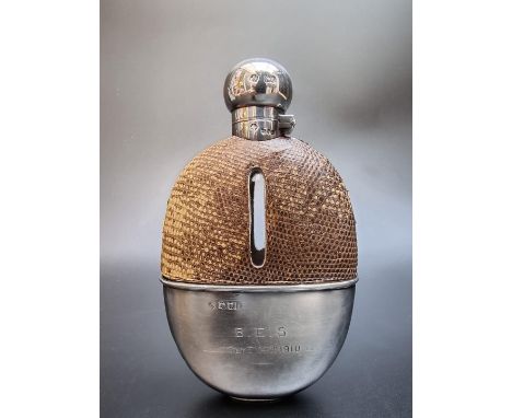 A Victorian silver and leather mounted glass hip flask, by W Hutton &amp; Sons Ltd, London 1899, 16.6cm. 