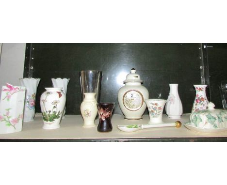 A shelf of vases etc including Portmerion, Wedgwood etc.,