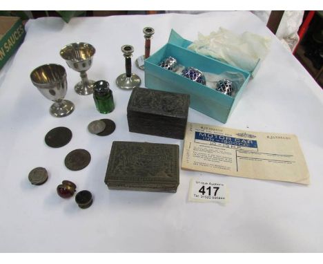 A mixed lot including silver top scent bottle, condiment set, trinket boxes etc.,
