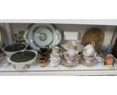 A shelf of miscellaneous including tea ware, lustre jugs etc.,