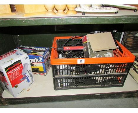A box of car tools including gas tester, spray guns etc.,