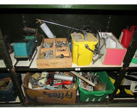 2 shelves of assorted tools etc.,