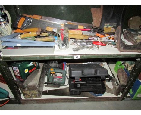 2 shelves of assorted tools.