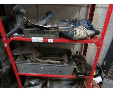 2 shelves of tools including hammer drill, power drills etc.,