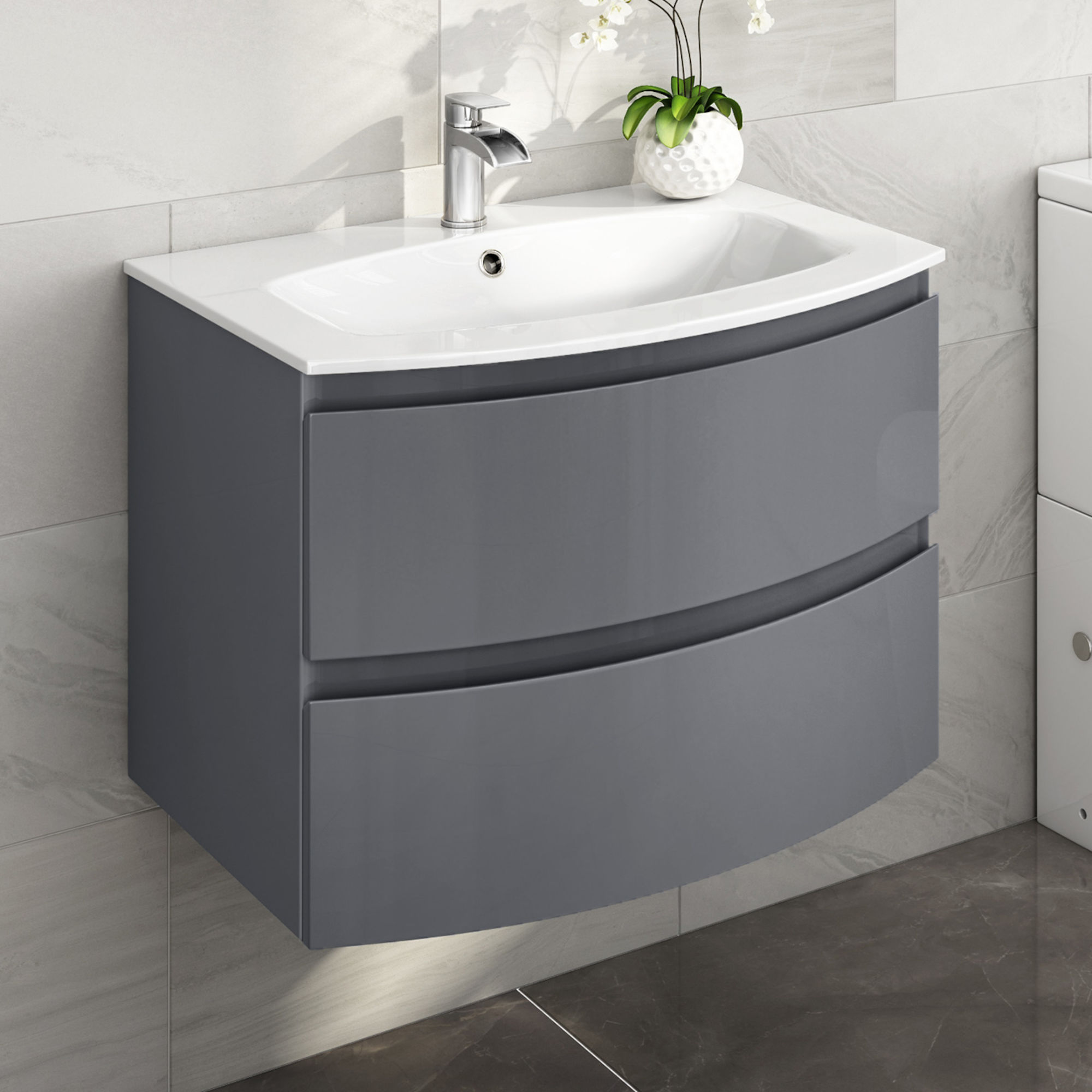 (DK116) 700mm Amelie Gloss Grey Curved Vanity Unit Wall Hung. RRP £