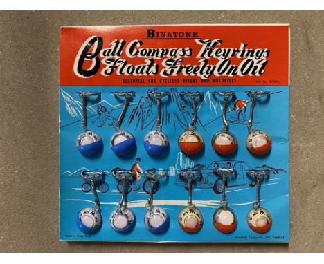 A Binatone Ball Compass keyring point of sale showcard with a full set intact.