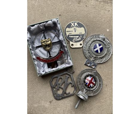 Five assorted car badges including Royal Scottish Automobile Club, XK Club etc.