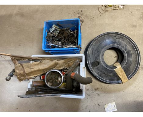 An autojumbler's lot of various parts including a BSA Bantam headlamp, Morris 1000 parts etc.