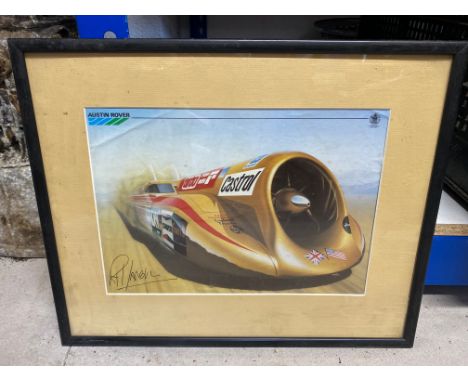 A framed and glazed signed promotional Austin Rover print of a landspeed record breaking car, 16 1/4 x 13 1/4".