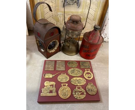 A Royal Daylight Oil can, a road lamp and a tilley lamp etc.