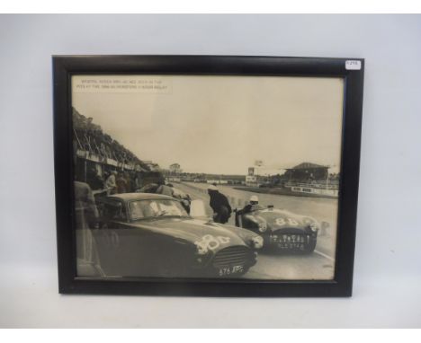 A framed and glazed black and white photograph of a Bristol Aceca and an AC Ace, 1956 Silverstone 6-hour relay, 14 1/2 x 11 1