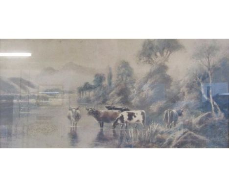 Unsigned over painted print depicting shorthorn cows drinking from a river in an oak frame approx. 79cm x 48.5cm