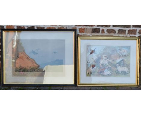 Large framed print of grouse flying over a moor &amp; a watercolour of a golden retriever by Gillian Harris