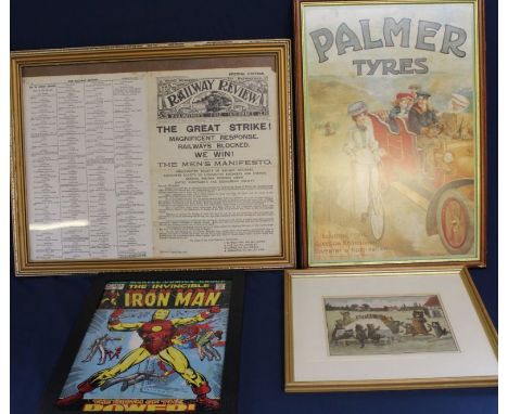 Framed copy of the Railway Review August 19th 1911, Louis Wain hand coloured print "A School Treat" 41.2cm x 34.5cm, Palmer T