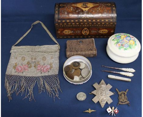 Bead handbag, mother of pearl stiletto / button hook / pen knife, Plant Tuscan China lidded pot, mixed coins, military badges