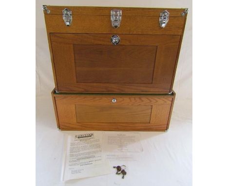 Gerstner International oak 10 drawer chest and 4 drawer mid base combo with spring lock lid and fold away cover panels - with
