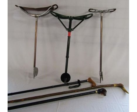 Featherwate and Bisley shooting sticks, horn handled long stick and resin dog head walking stick