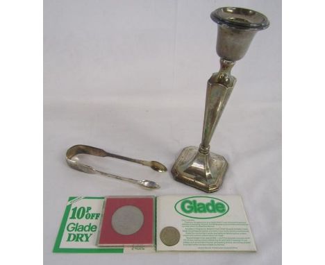 Silver candlestick and silver sugar tongs - (tongs only - 1.81ozt) also a Charles and Diana Crown and &pound;1 coin