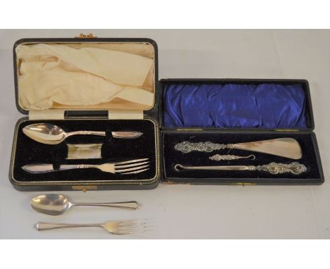 Cased silver Christening spoon &amp; fork (missing napkin ring) silver spoon &amp; fork (total silver weight 2.9ozt) &amp; a 