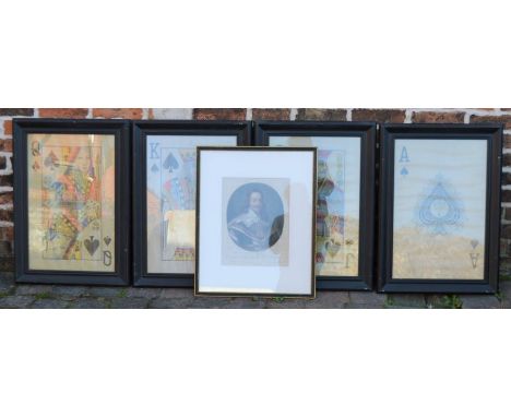 Four large framed prints of playing cards &amp; a print of King Charles I